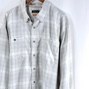 Orvis Shirt Mens XXL Grey White Plaid Long Sleeve Active Fit Technical Outdoor